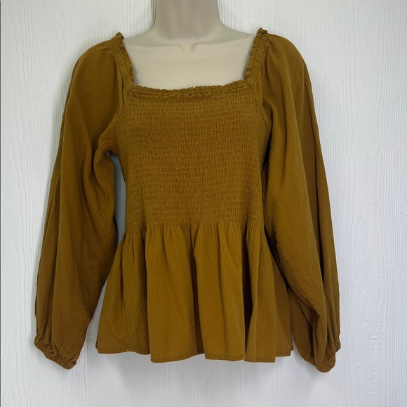 Madewell - Mustard Lucie Smocked Peplum Hem Long Sleeve Antique Gold Blouse 10 - Picture 2 of 10